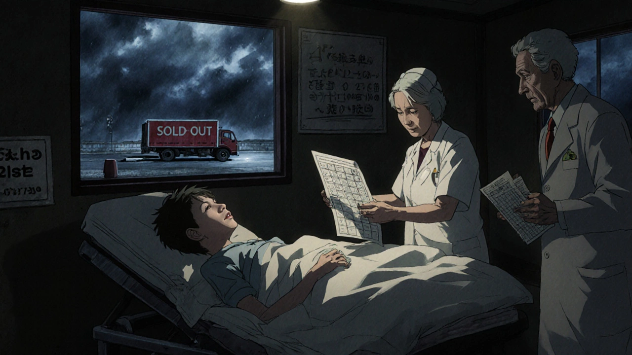 A nurse administers an unfamiliar drug to a child in a rural clinic as a pharmacist holds a dosing chart.