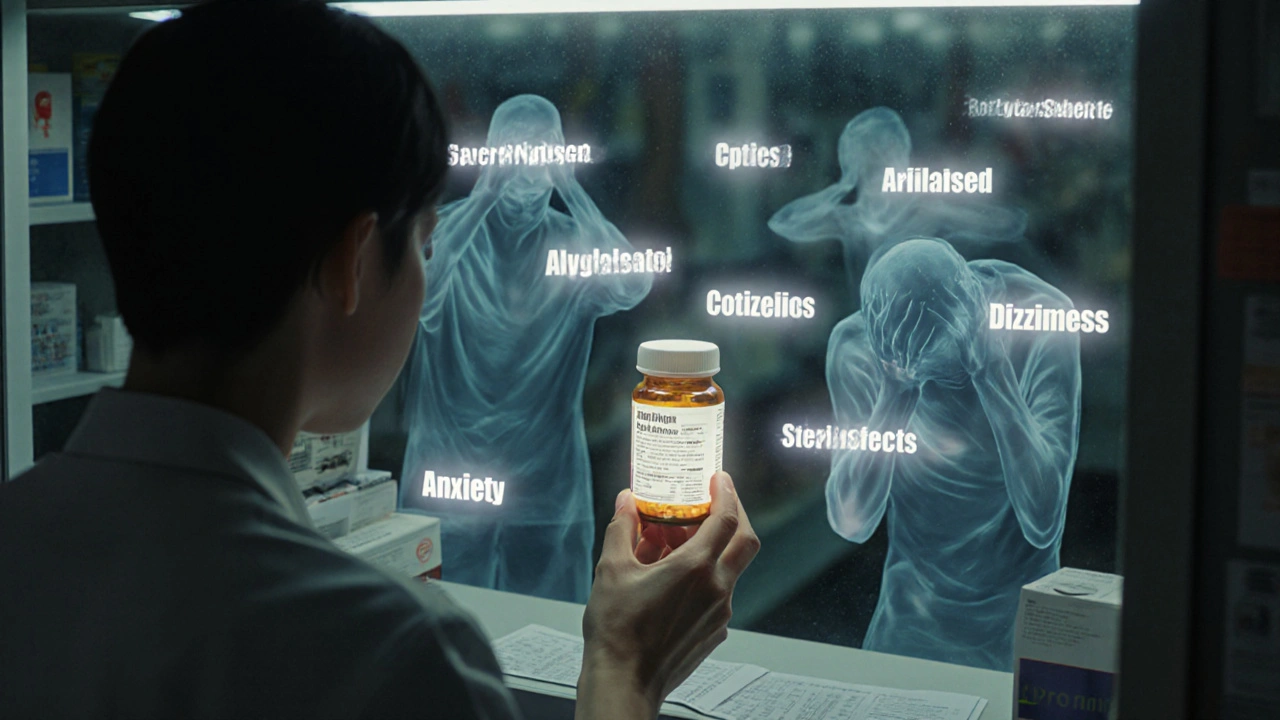 A pharmacist handing a generic pill bottle to a patient while ghostly figures of suffering patients loom behind them.