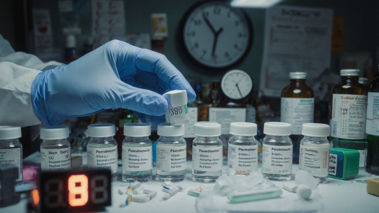A pharmacist meticulously preparing 19 labeled doses of diluted penicillin in a sterile lab setting.