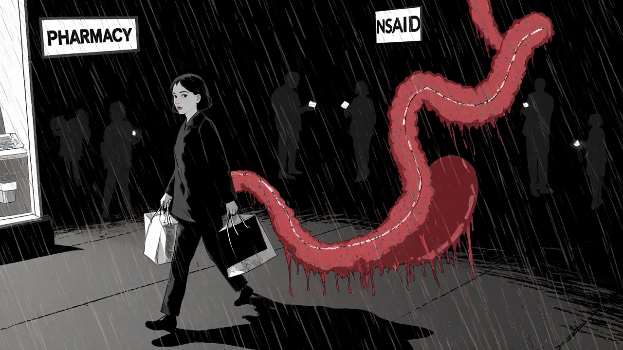 A woman walks home at dusk, her shadow transformed into a bleeding intestine, with pharmacy signs glowing in the background.