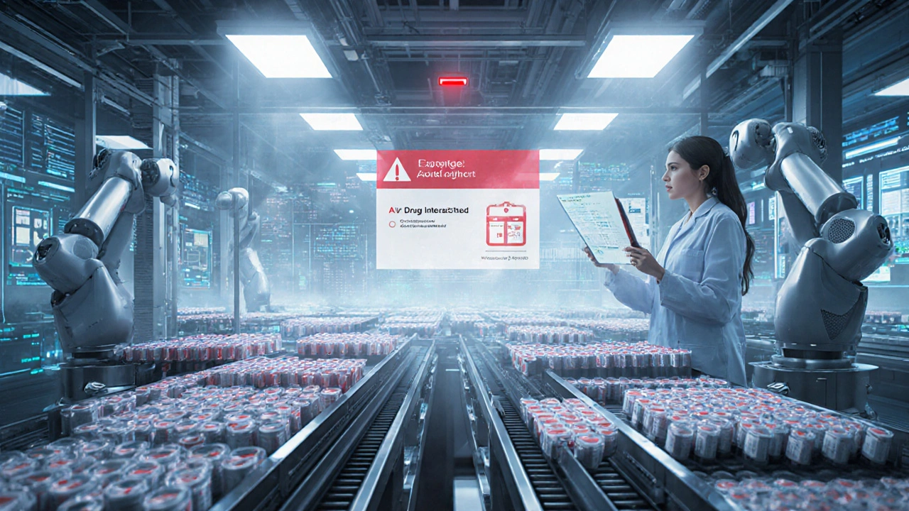 An automated pharmacy with robotic arms and a pharmacist reviewing AI drug interaction alerts on a holographic screen.