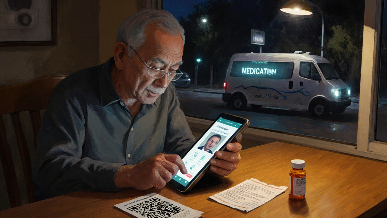 An elderly man uses a simplified tablet with voice assistance to order meds, while a delivery van waits outside his home.
