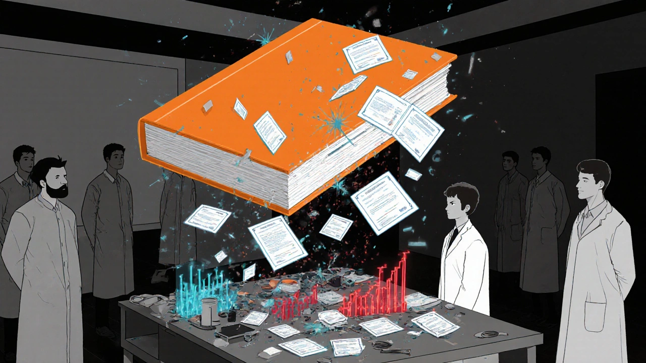 An orange book exploding into patents as a scientist observes bioequivalence graphs glowing in a lab.