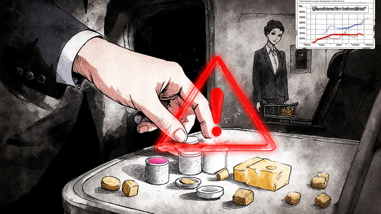 Antimalarial tablets on a plane tray with nuts and cheese, glowing warning symbol above.