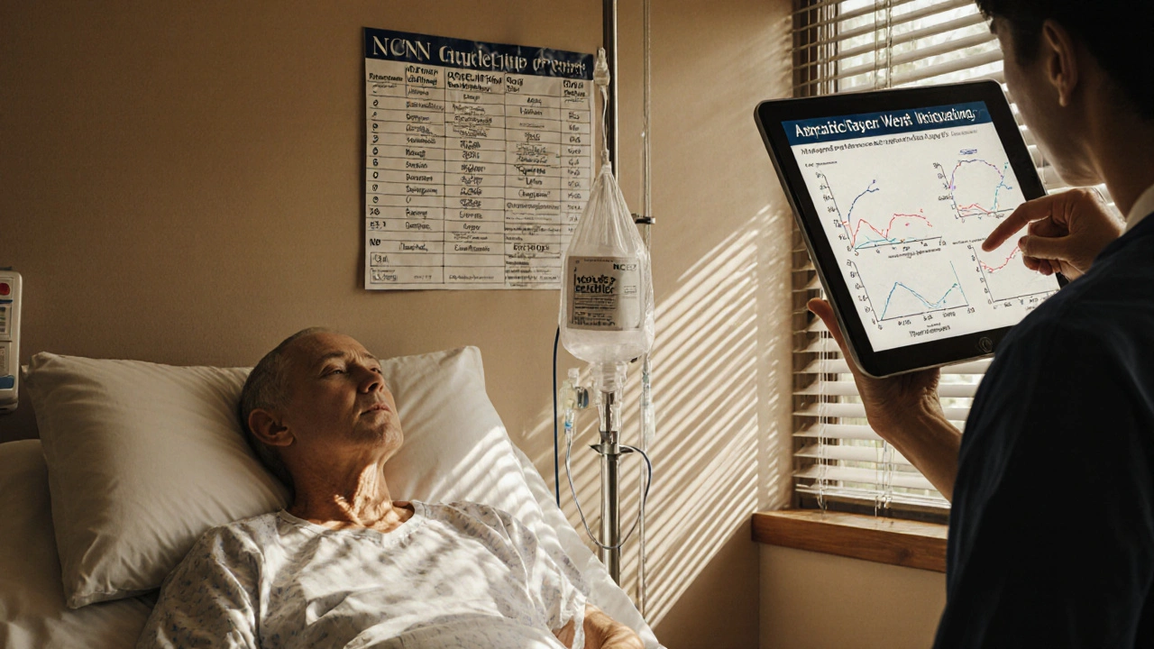 Cancer patient receiving generic chemotherapy infusion, doctor pointing to off-label use guidelines on a tablet in a quiet hospital room.