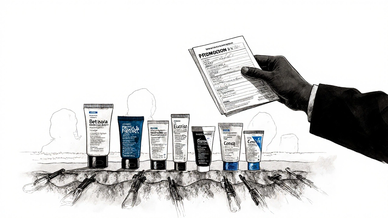 Dermatologist’s hand placing skincare tubes in order, symbolic of treatment alternatives.