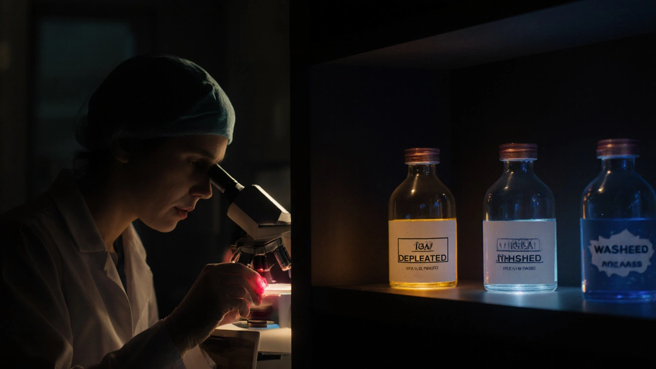 Doctor in lab examining blood sample, three labeled blood vials glowing differently on shelf.