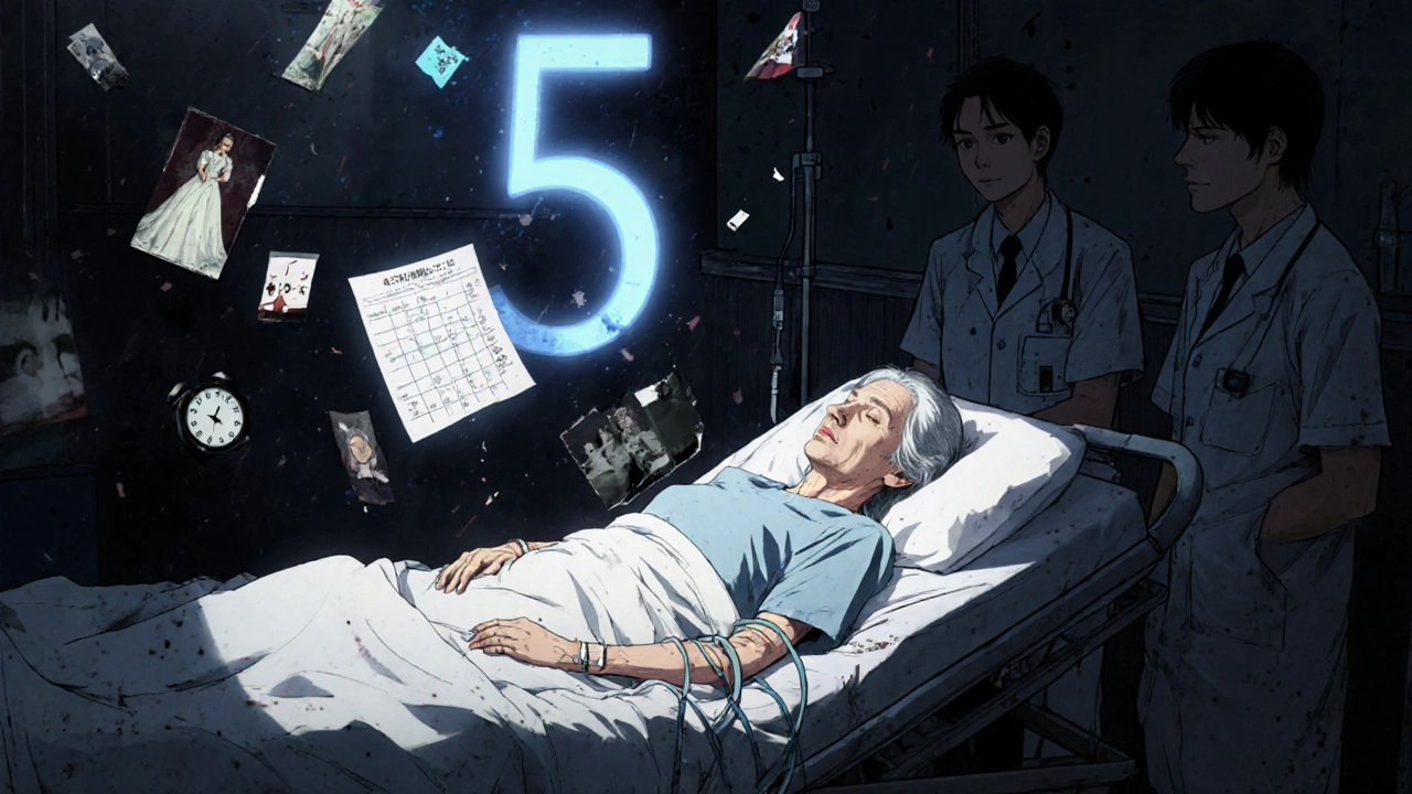 Elderly woman in ER with glowing anticholinergic burden score above her, memories dissolving into static.