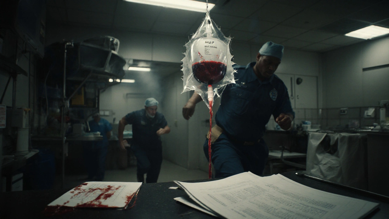 Emergency room scene with a ghostly IgA antibody looming over a blood bag about to be transfused.