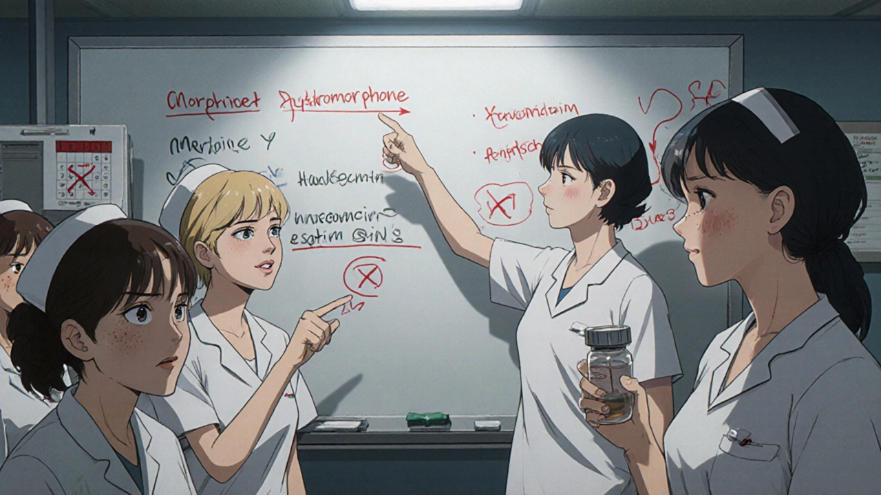 Hospital staff gather around a whiteboard filled with handwritten drug substitutions and warning symbols.