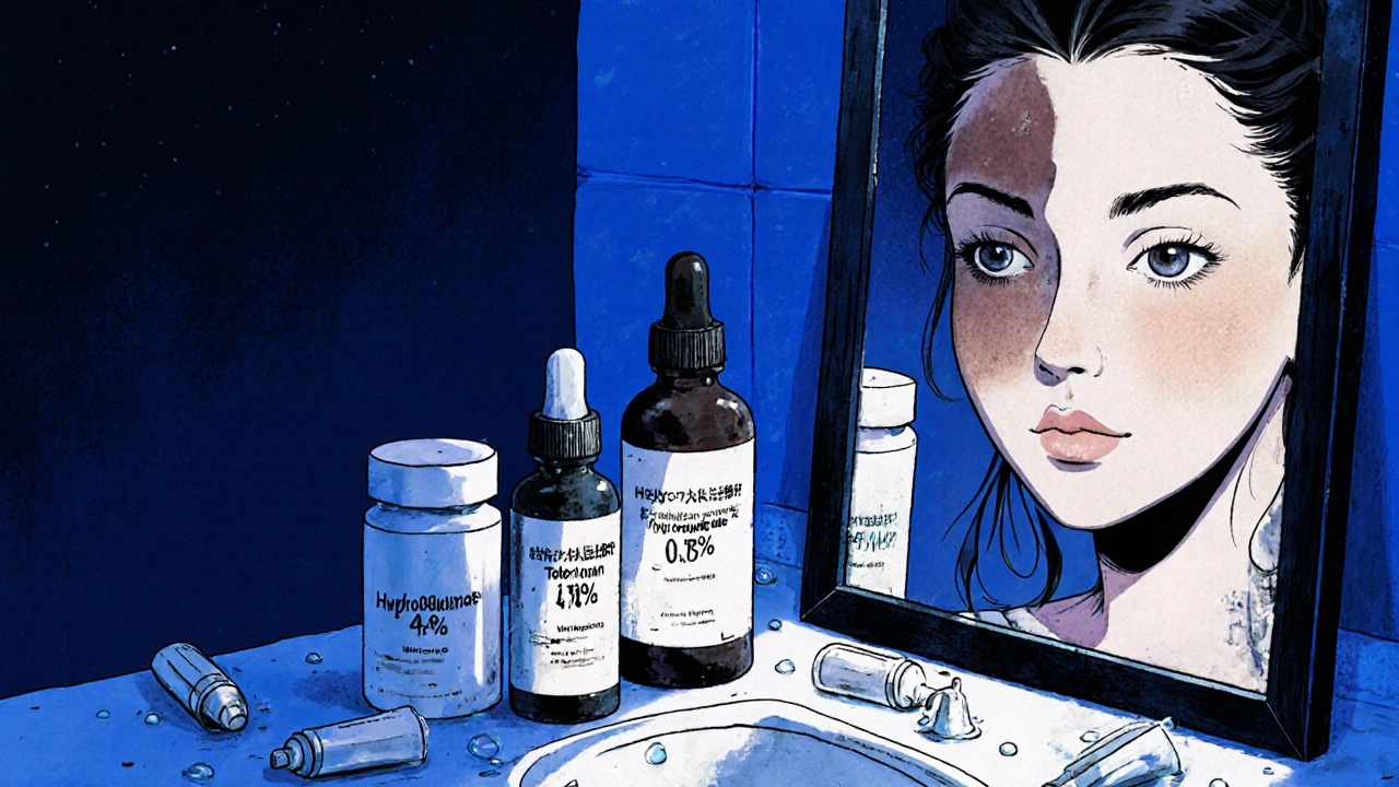 Nighttime bathroom scene with prescription bottles and mirror reflecting improving skin tone.