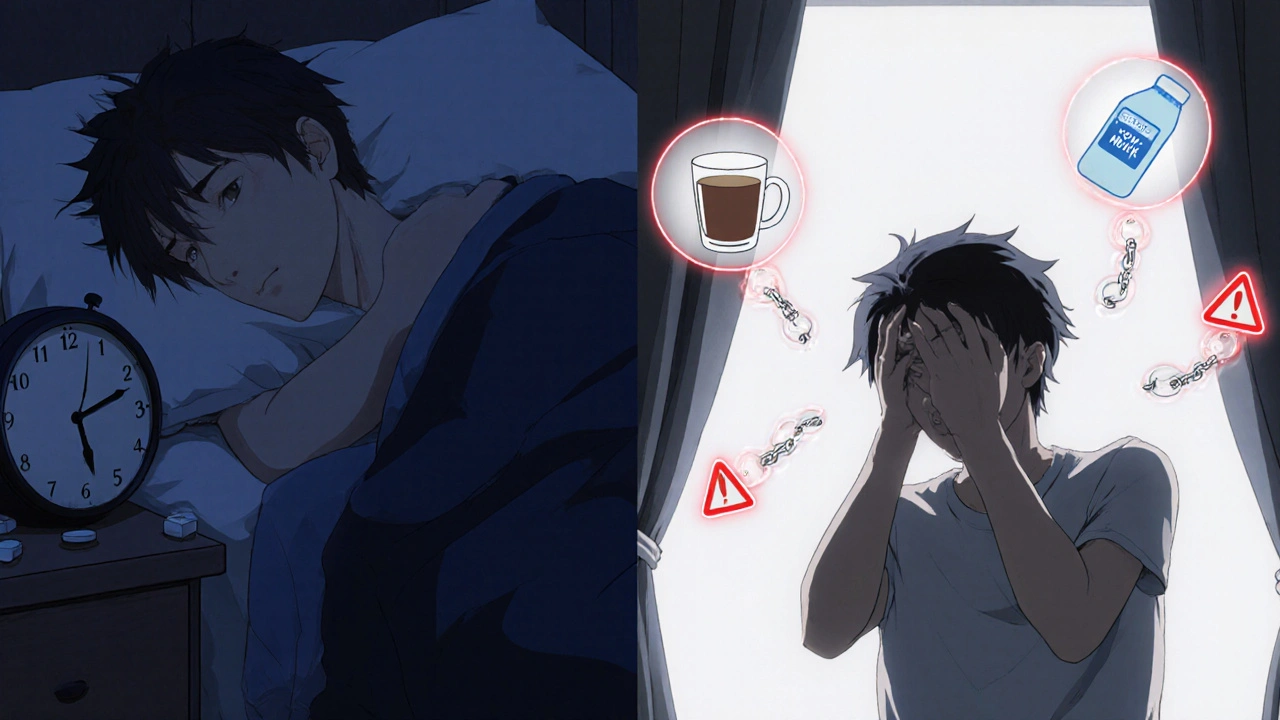 Nighttime vs morning contrast: peaceful sleep with pill vs fatigue with interfering substances hovering.