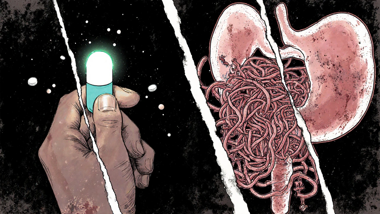 Patient holding thyroid pill with split panel showing simple vs complex drug absorption