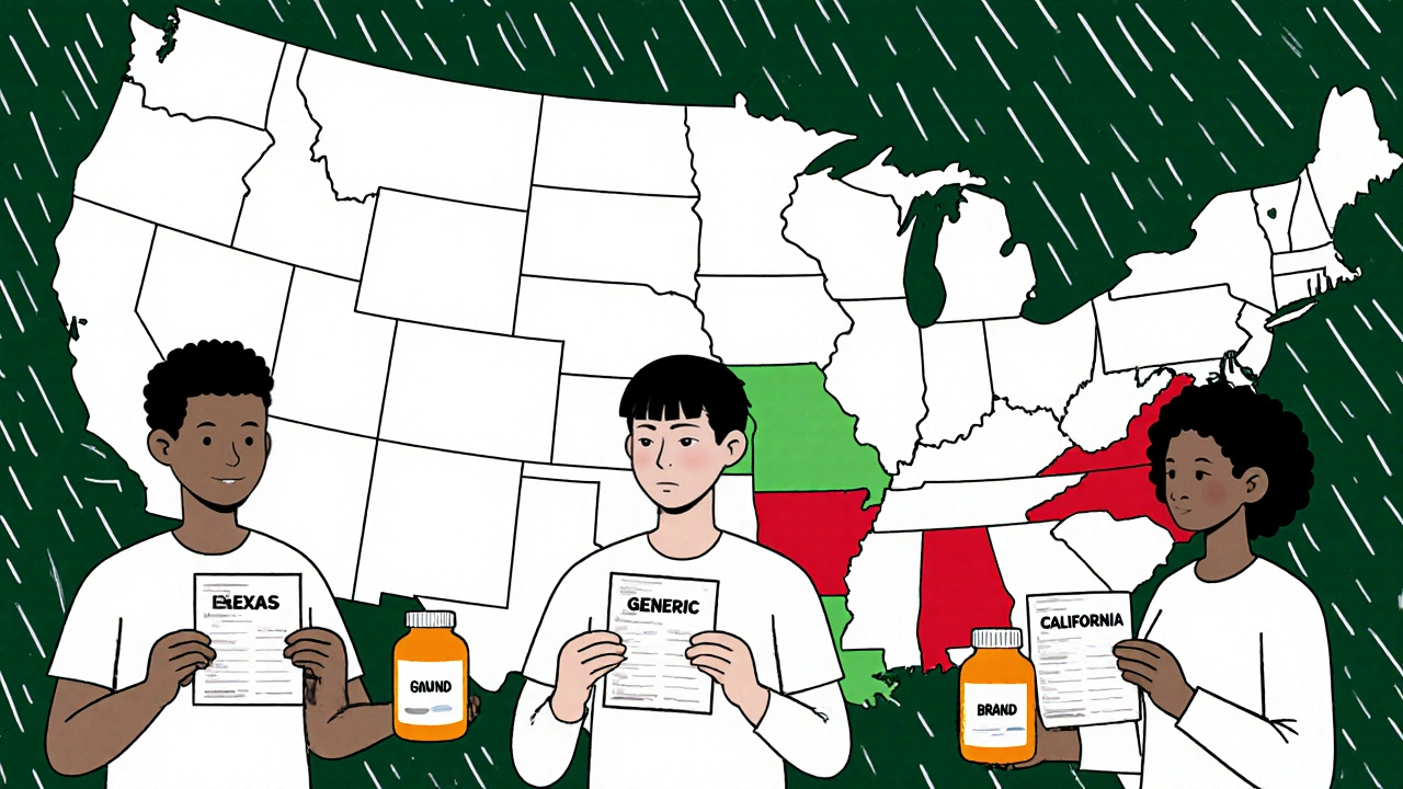 Patients in different U.S. states receiving different drug versions from identical prescriptions, with a fragmented map showing conflicting state laws in the background.