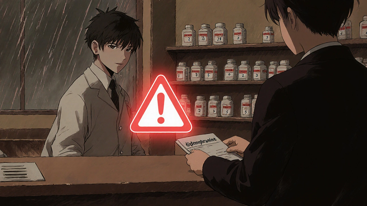 Pharmacist handing antihistamine to customer, red warning symbol floating between them in a quiet pharmacy.