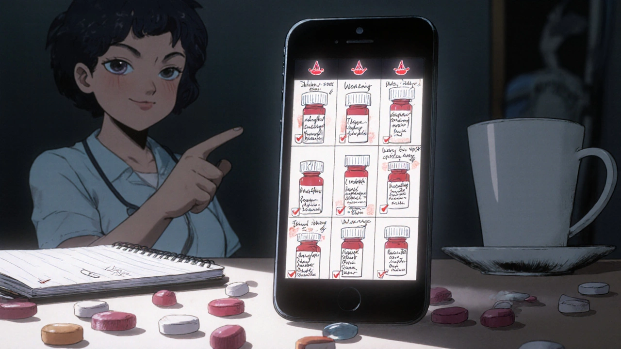 Smartphone showing photos of pill bottles with handwritten notes beside scattered pills