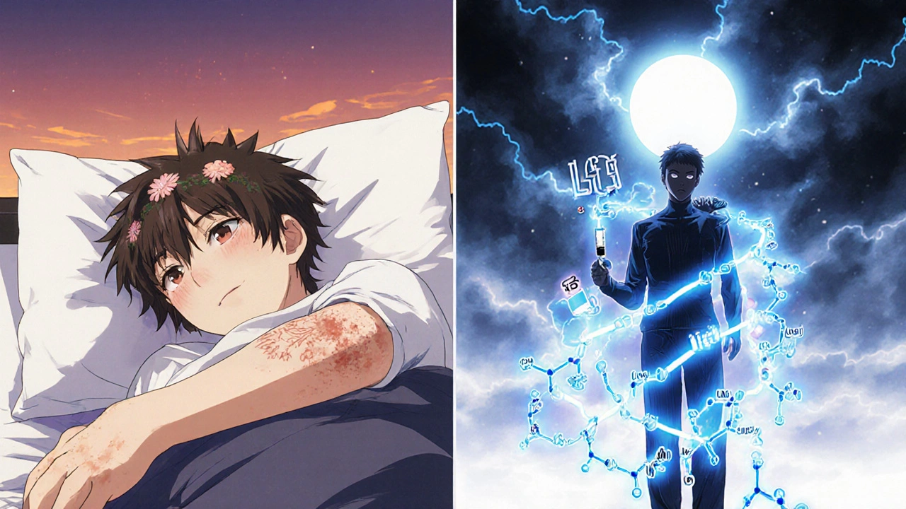 Split image: person with psoriasis transitioning to healthy after treatment