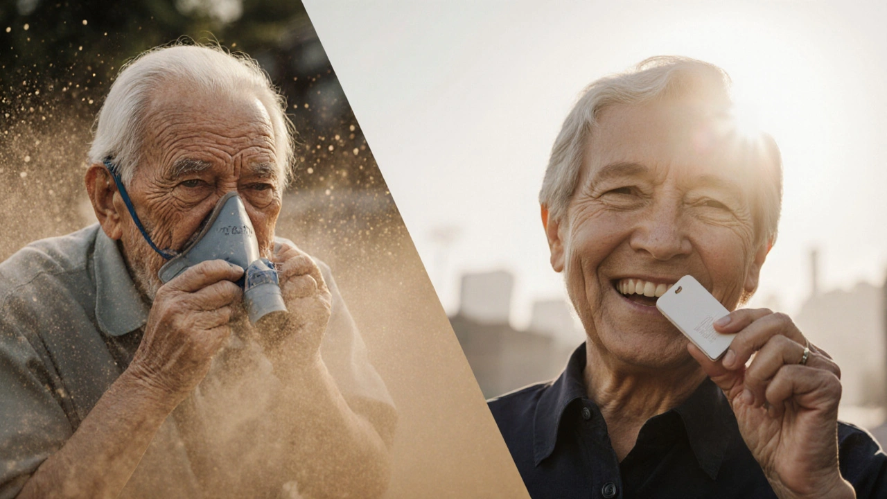 Split scene: elderly patient struggling with Diskus vs. using Breo Ellipta easily in sunlight.