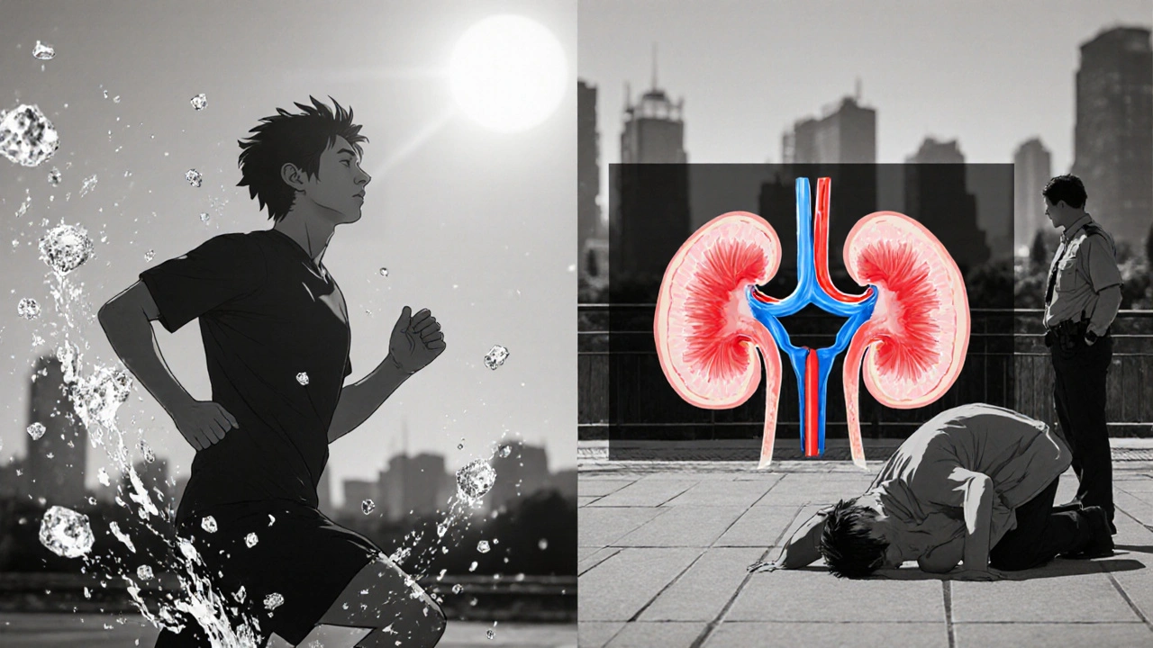 Split scene of person collapsing from dehydration while glucose and water evaporate into air.