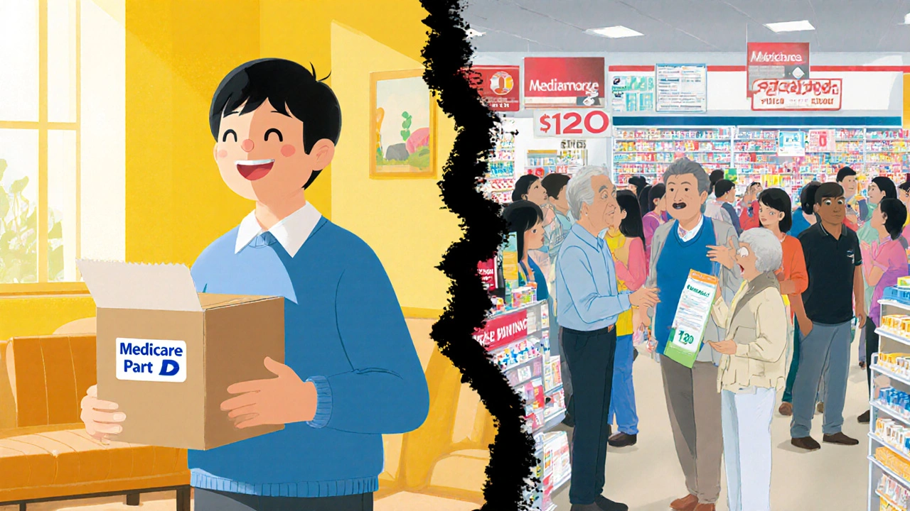Split scene: one person happily receiving mail-order meds, another shocked by high retail pharmacy cost.