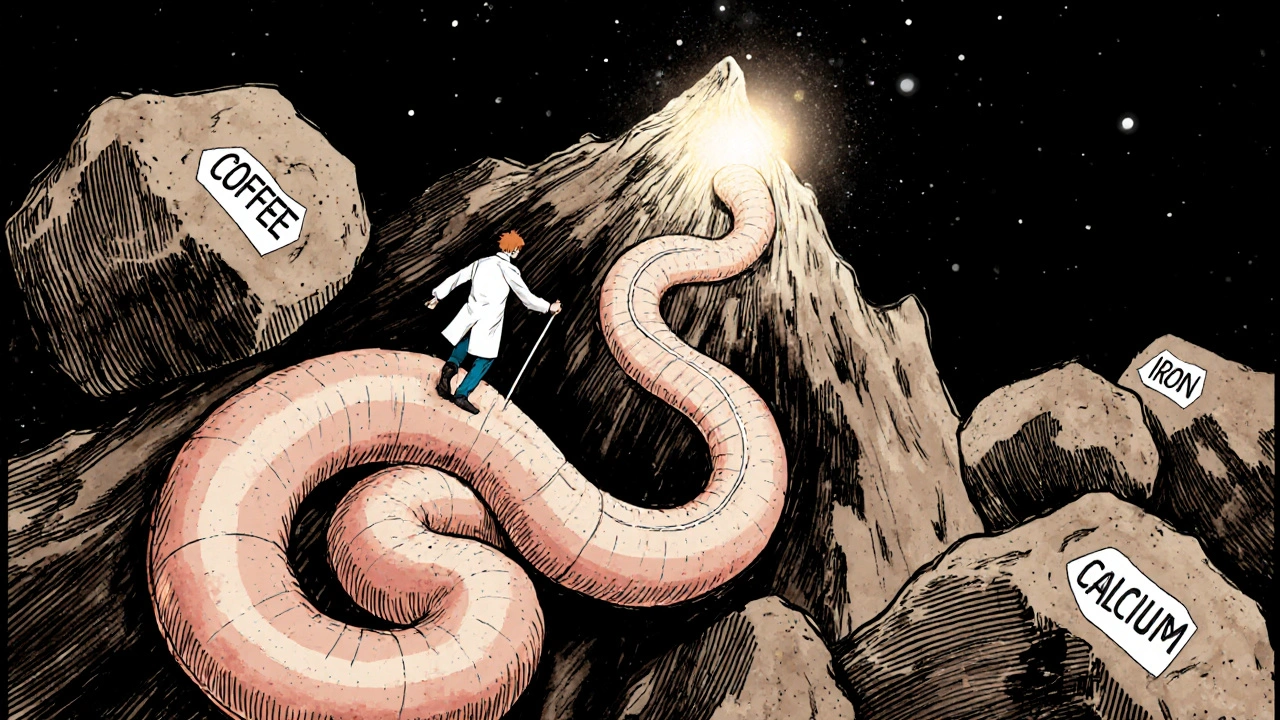 Surreal intestinal mountain path with levothyroxine climber avoiding food and supplement boulders.