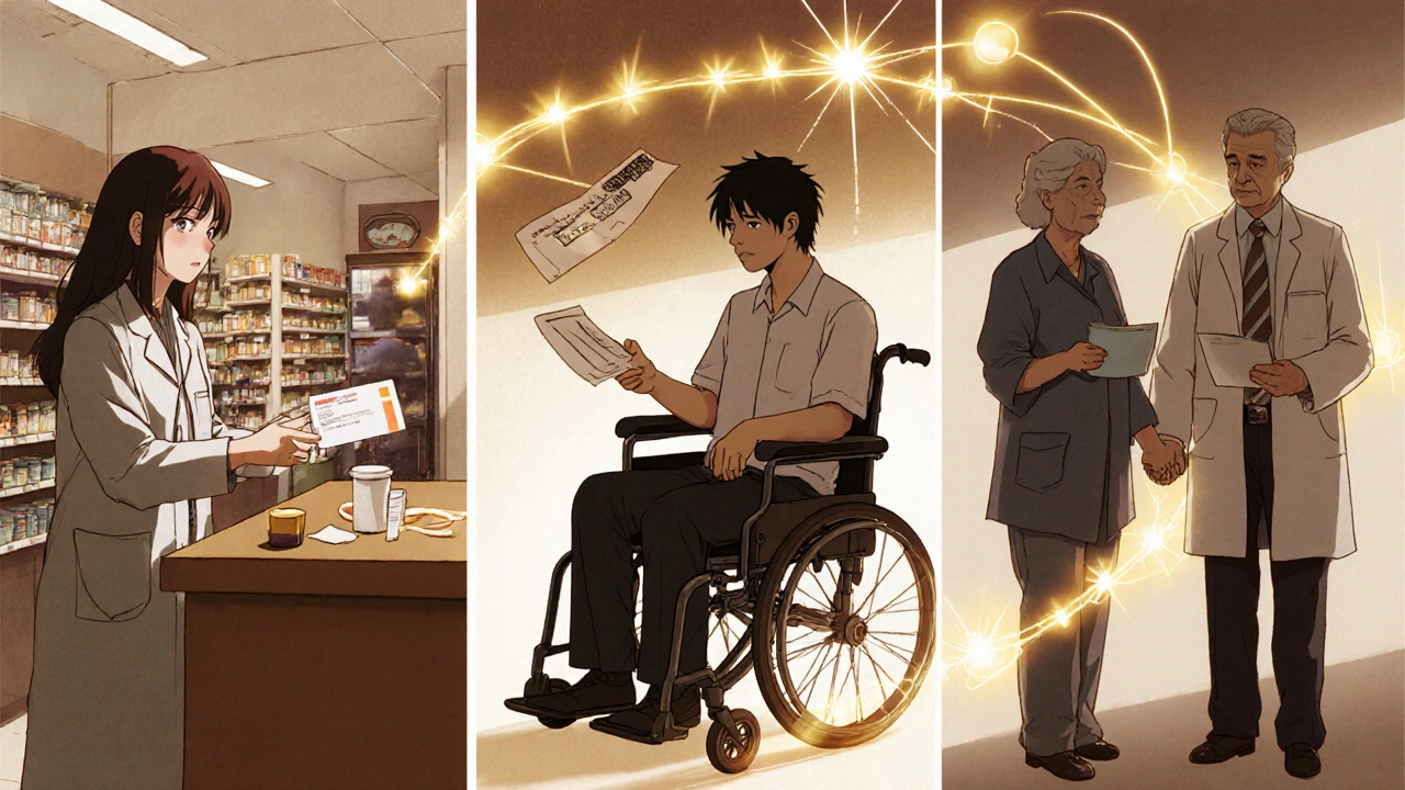 Three patients receiving help through grants, connected by golden threads of support, in a quiet moment of relief.