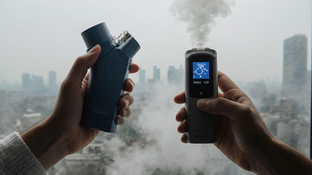 Two hands comparing an old Diskus inhaler with a modern Wixela Inhub, steam rising from breath.