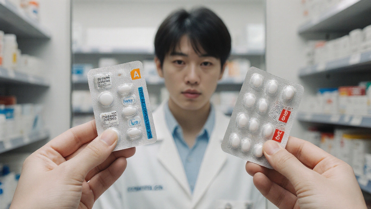 Two identical generic pills in different packaging, one cheap and one expensive, handed by a pharmacist.