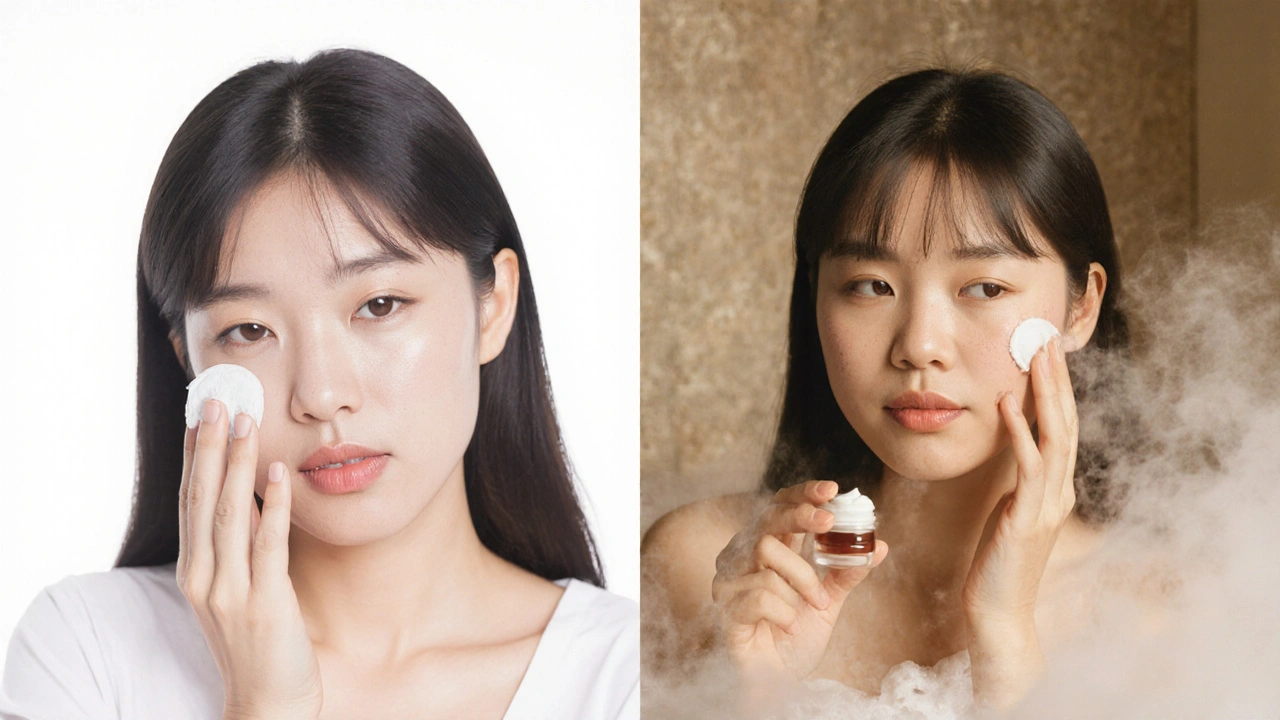 Woman transitioning from steroid cream to non-steroidal treatment with moisturizer and oatmeal steam.