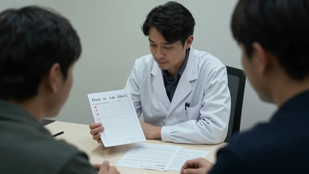A doctor and patient reviewing a handwritten mood and side effects log in a quiet office.