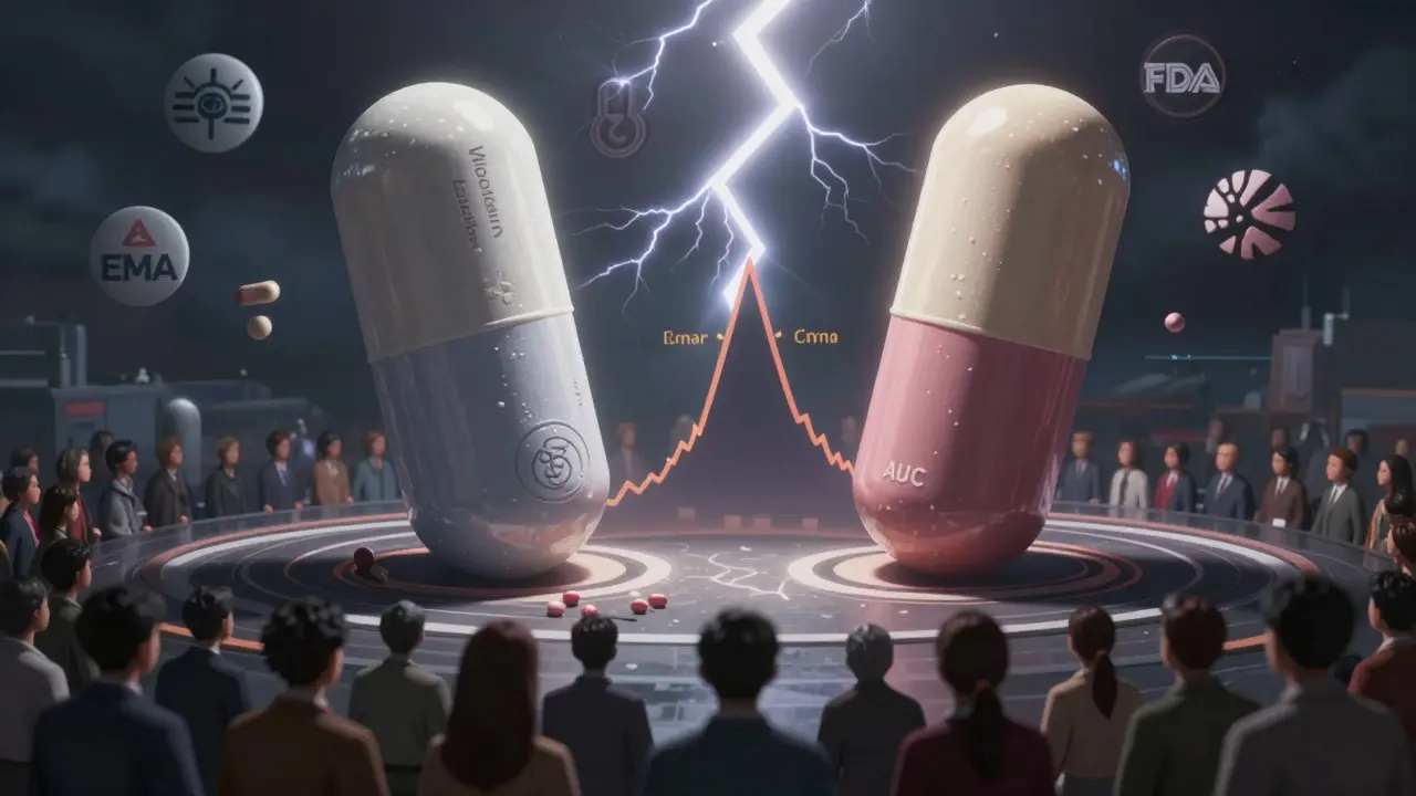A generic pill and brand pill in battle, surrounded by regulatory symbols and patient observers.