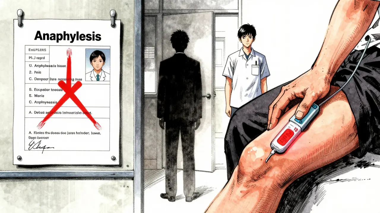 A laminated allergy action plan next to a hand using an epinephrine injector, with a countdown timer.