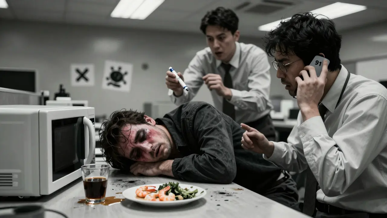 A man collapses in a break room as coworkers rush to help him during a severe allergic reaction.