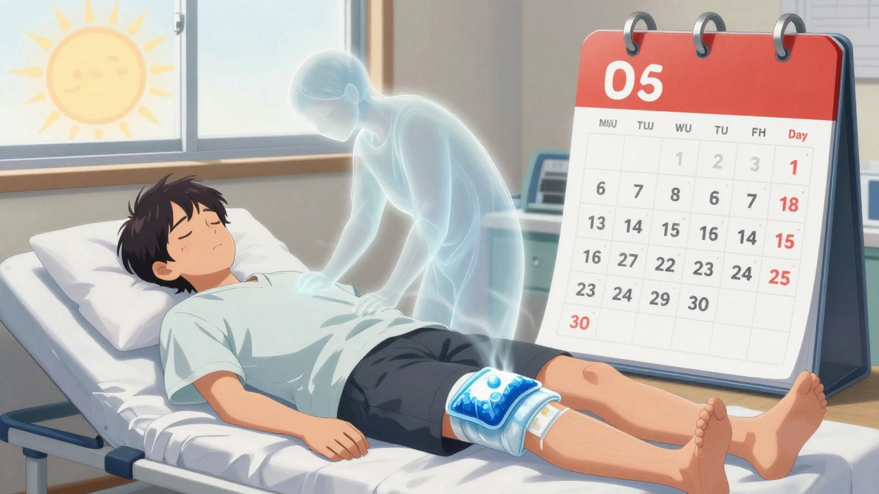 A post-surgery patient sleeps peacefully with no opioids, as a pain spirit fades away in a hopeful sunrise.