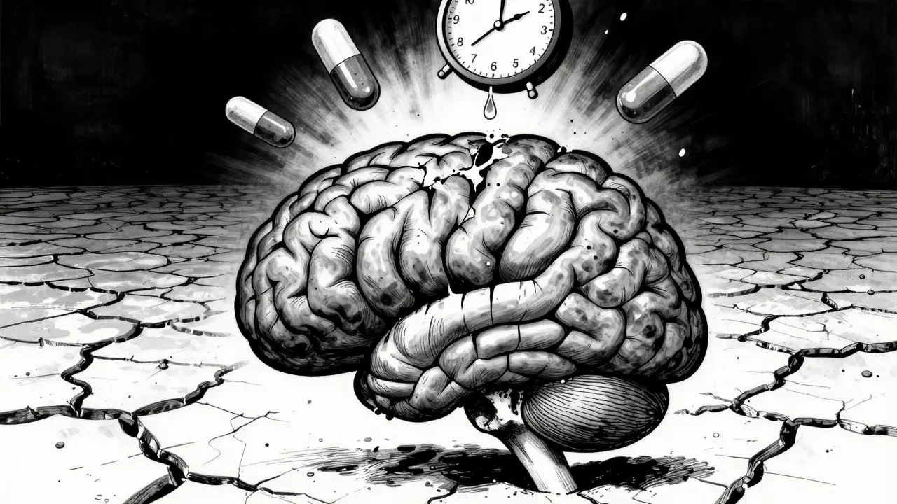 A stylized brain with a dimmed prefrontal cortex, floating pills, and a tear falling into darkness.