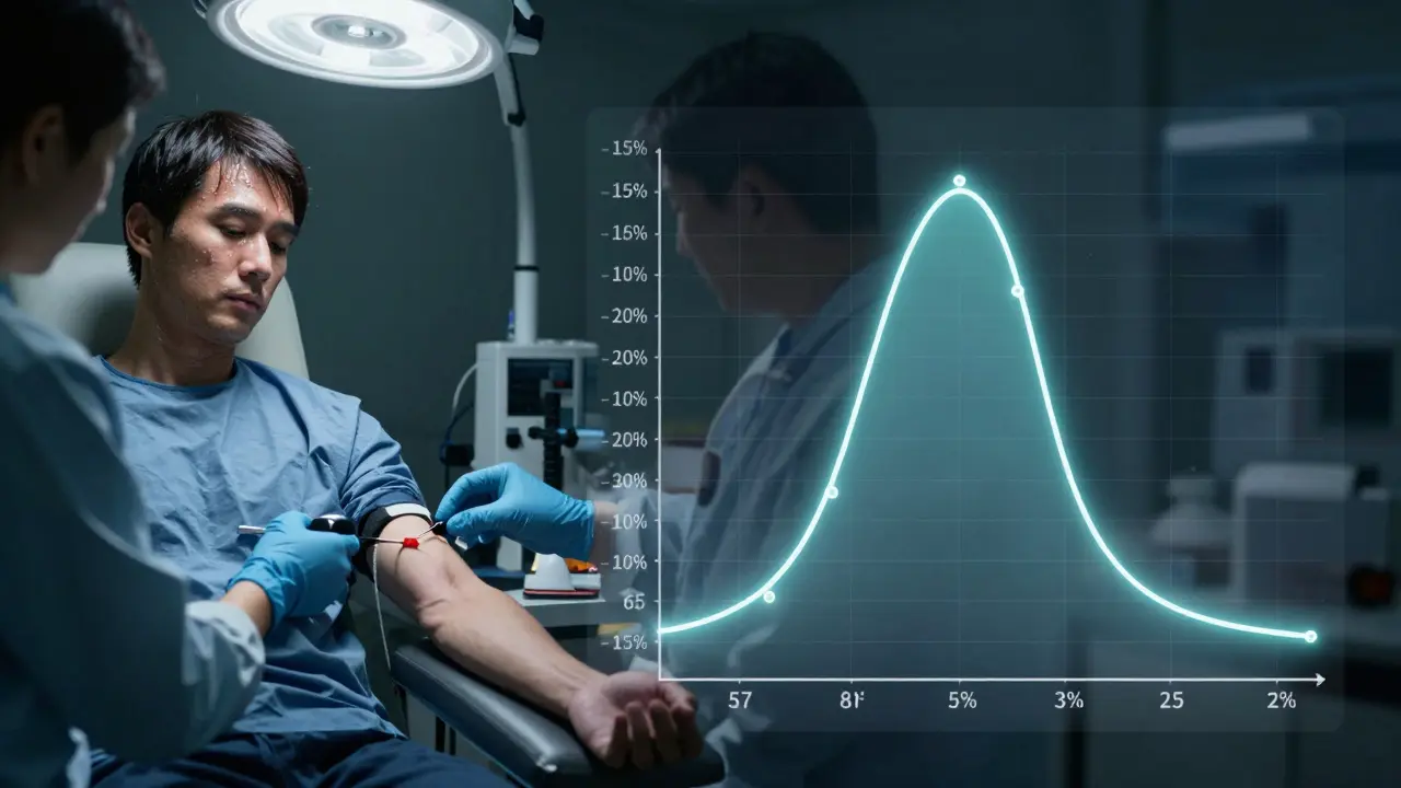 A volunteer getting blood drawn while a bioequivalence graph overlays the scene.