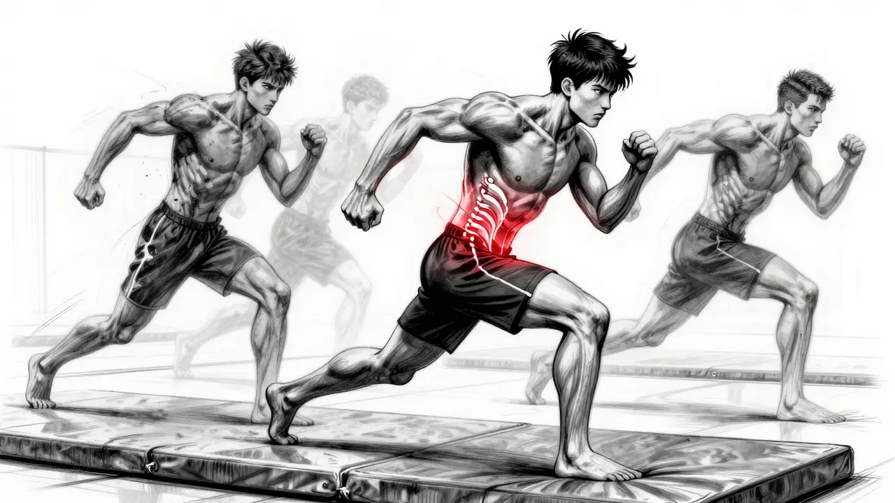A young athlete with a glowing fracture in his spine, surrounded by ghostly athletes in Gekiga ink style.