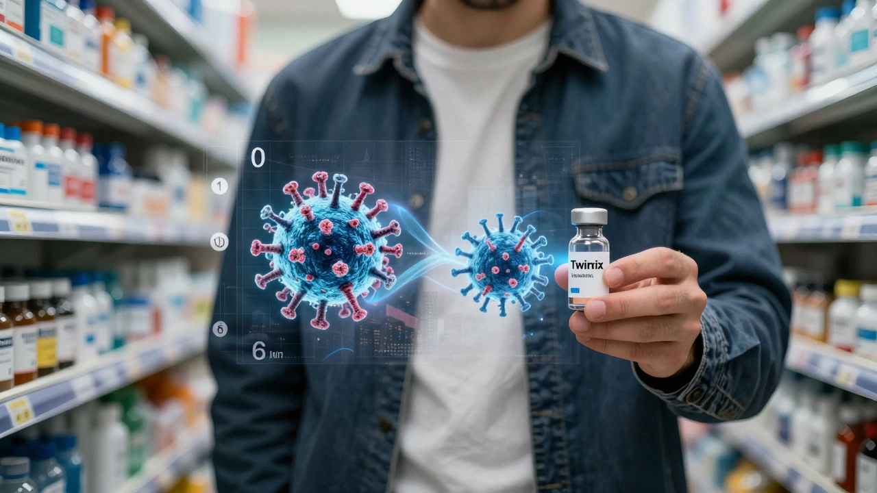 Adult holding combination Hep A and B vaccine with symbolic immune response overlay.