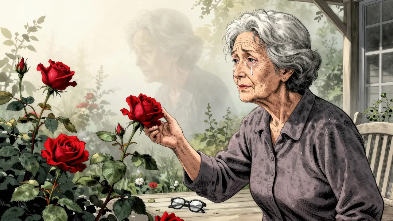 An elderly woman touching a rose in her garden, vision restored, with a fading blurry world behind her.