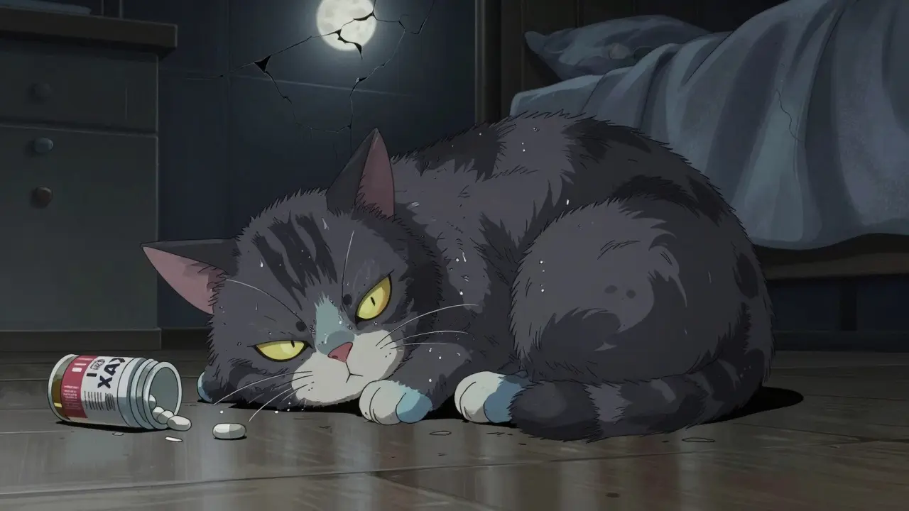 Cat with swollen face and blue-tinged paws, lying near a Tylenol pill in dim moonlight.
