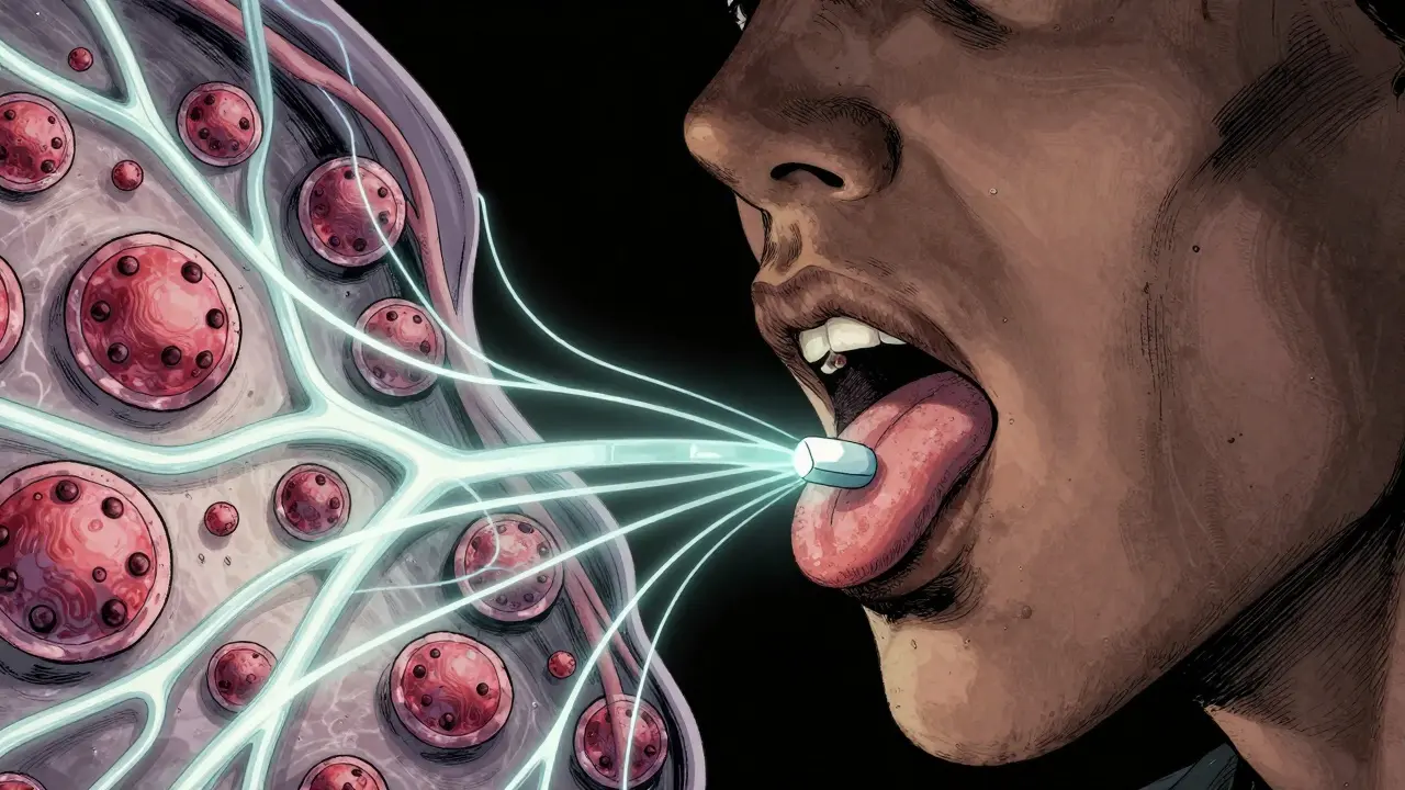 Close-up of a tablet dissolving under the tongue, with abstract immune cells transporting allergens through bio-luminescent pathways.