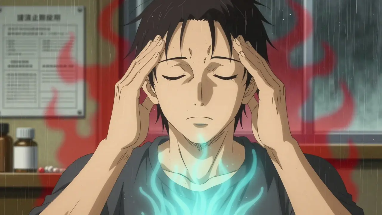 Close-up of someone practicing breathing techniques to calm down after a drug alert, calm energy radiating outward.