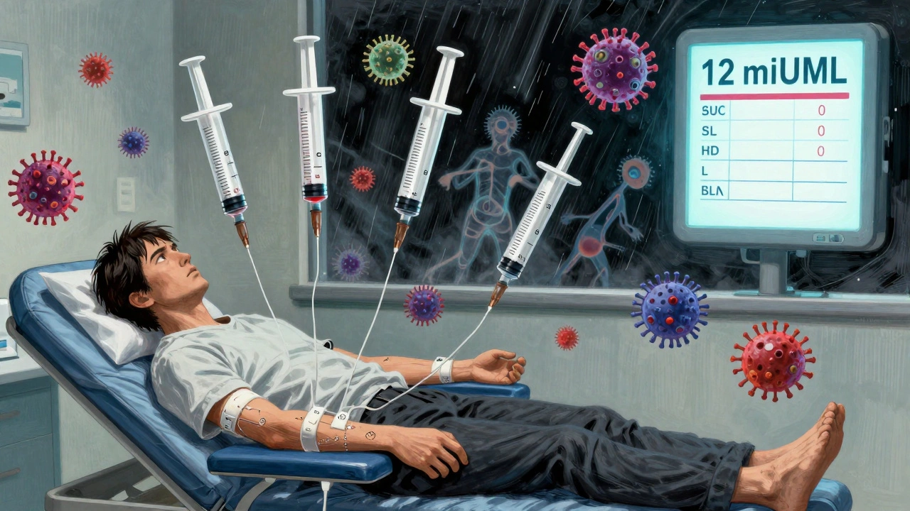 Dialysis patient receiving four high-dose Hep B shots with blood test result visible.