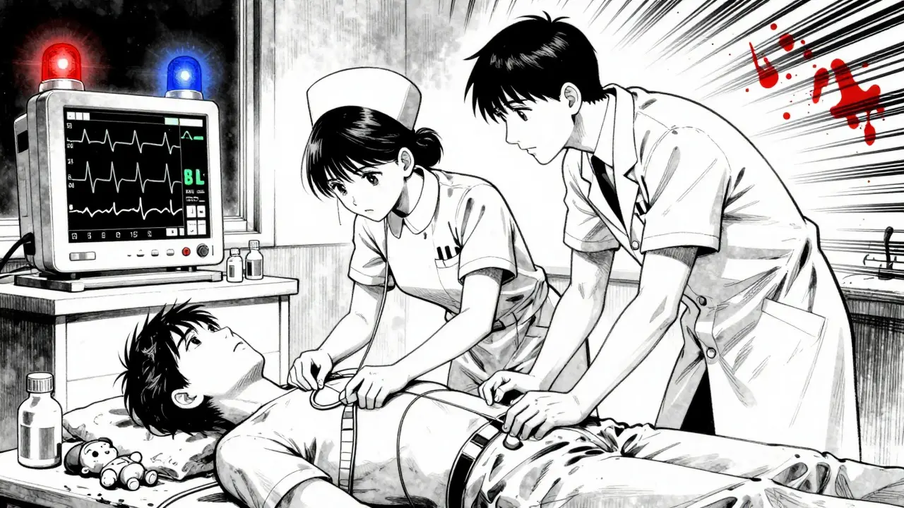 ER staff monitor EKG with widened QRS complex as antihistamine bottles lie nearby in emergency light.