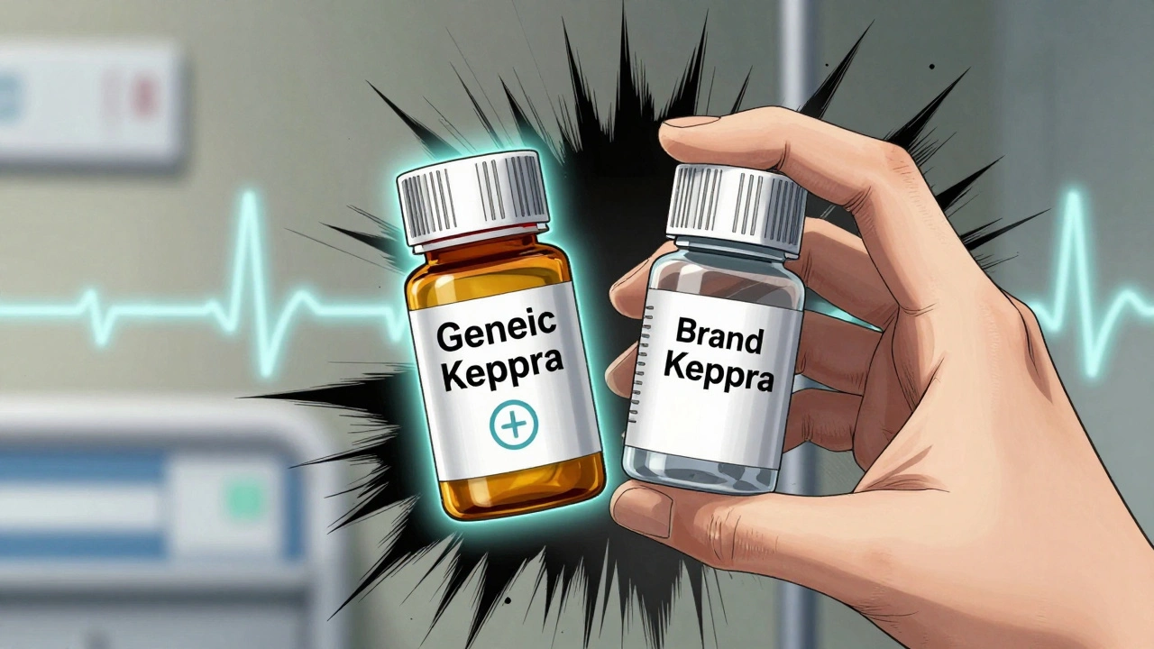Hand holding generic and brand epilepsy pills, dark energy radiating from generic bottle, faint seizure lines in background.