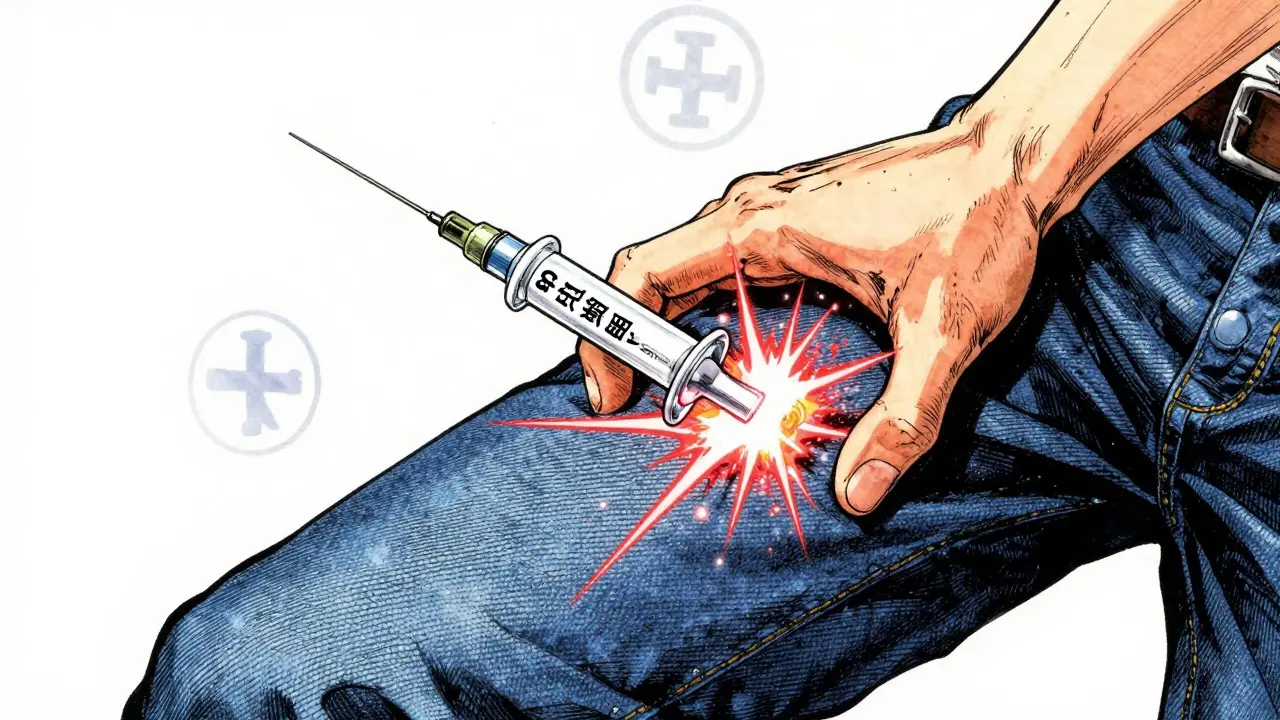 Hand injecting epinephrine into thigh through clothing, energy lines radiating from the injection site.
