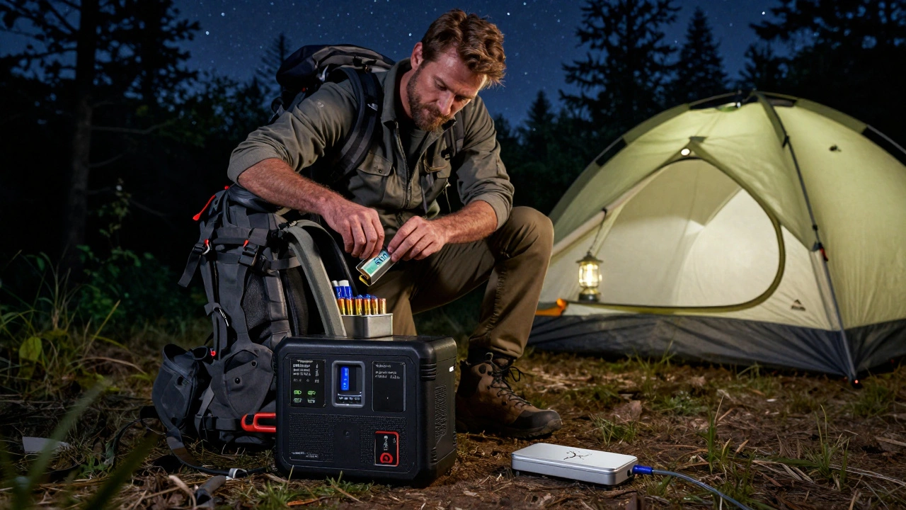 Hiker holding a tin of hearing aid batteries under stars beside a broken charger.