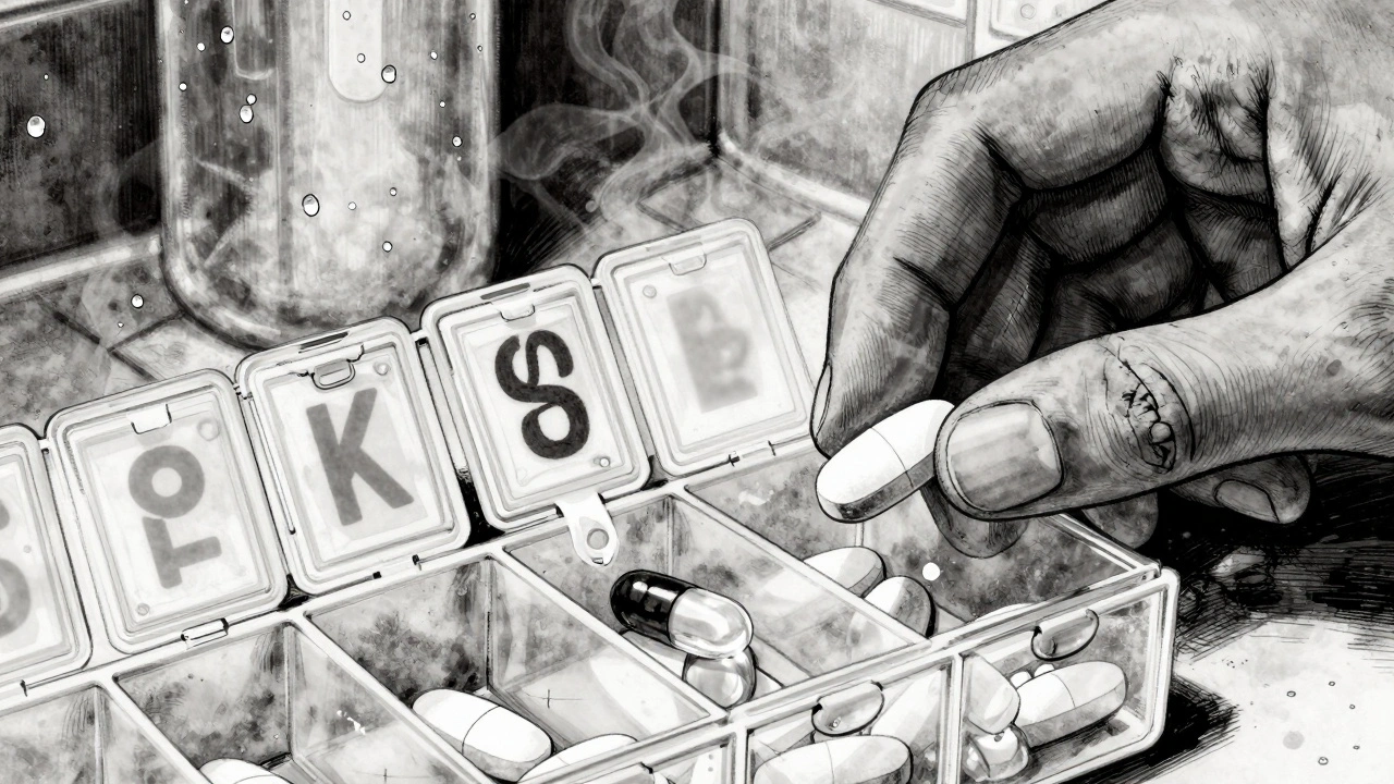 Leaking gel capsule contaminating pill compartments in a humid bathroom, pills smudging together.