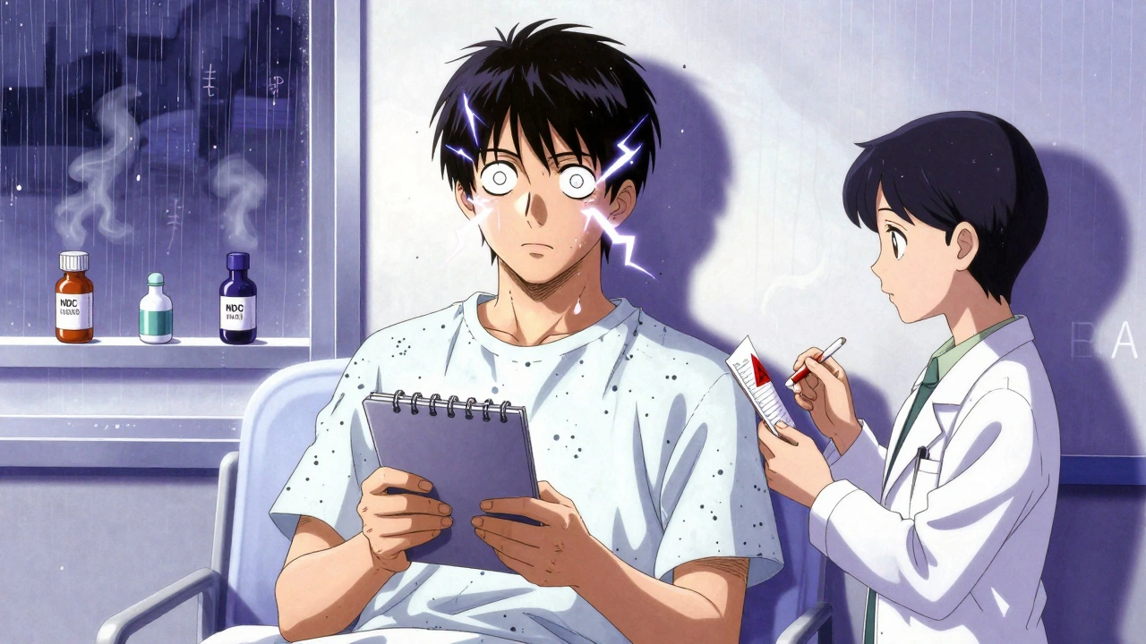 Man experiencing seizures with blood test and differently shaped pills on shelf behind him.