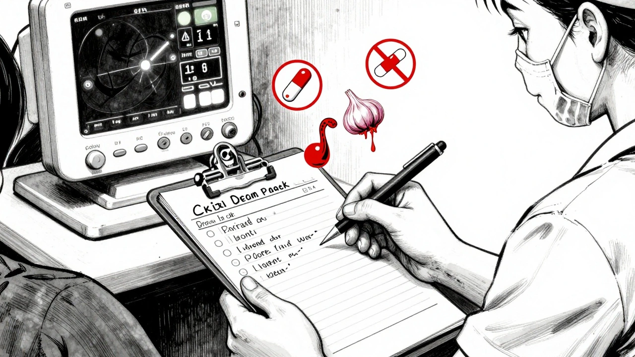 Nurse reviewing patient&#039;s medication log with symbolic warning icons floating above the list.